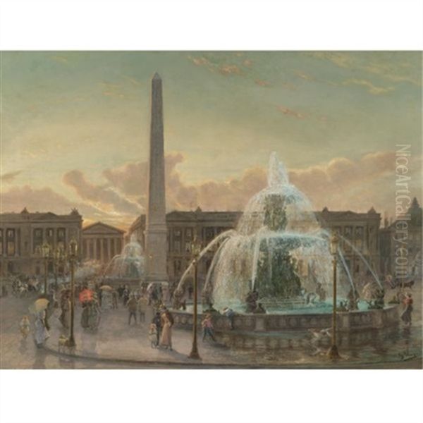 Place De La Concorde, Paris Oil Painting by Gustav Pope