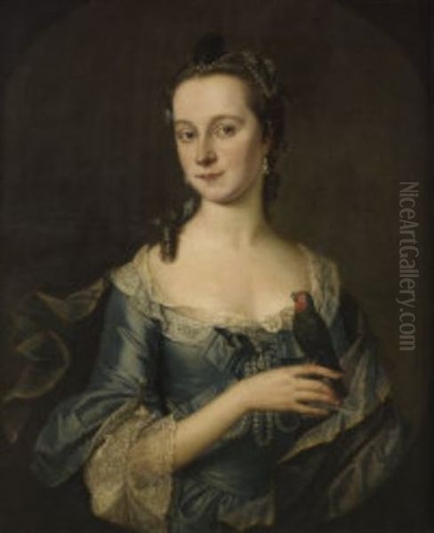 Portrait Of A Lady (the Wife Of Sir Robert Travers?) In A Blue, Lace-edged Dress, With A Parakeet Perched On Her Finger Oil Painting by Thomas Pope