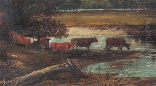 Hudson River/white Mountain Landscape With Cattle Crossing River With Mountains In The Distance Oil Painting by Thomas Benjamin Pope