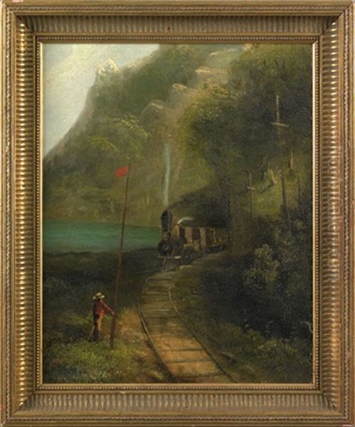 Hudson River Landscape With Train And Figure Oil Painting by Thomas Benjamin Pope