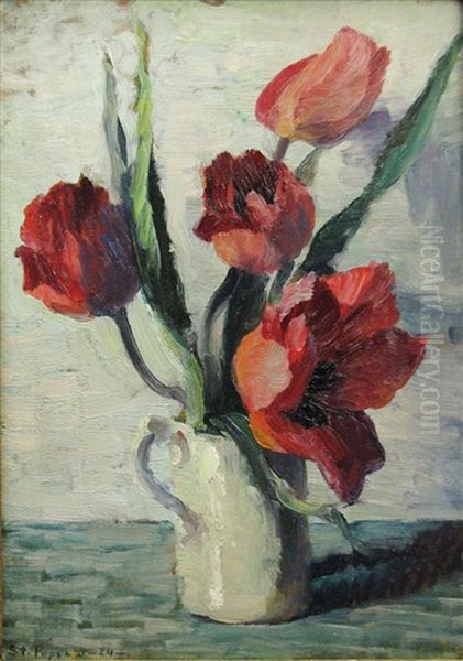 Pot With Tulips Oil Painting by Stefan Popescu