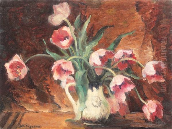 Char With Tulips Oil Painting by Stefan Popescu