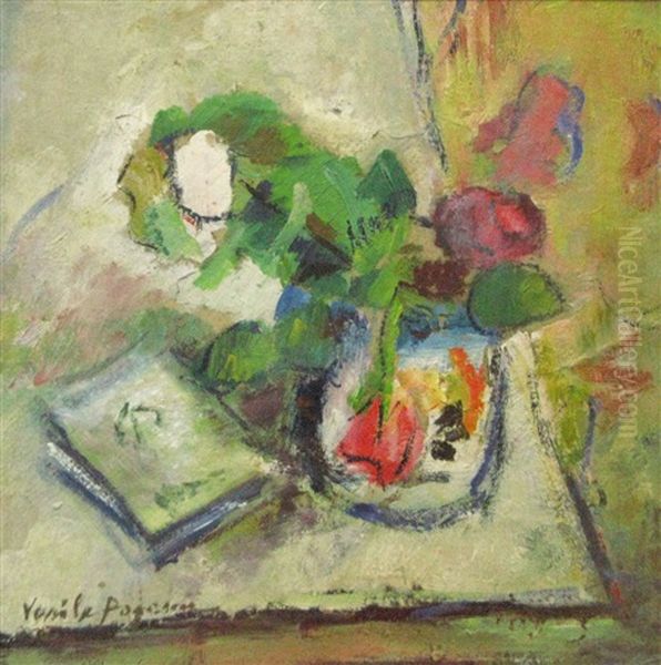 Still Life With Flowers And Book Oil Painting by Vasile Popescu