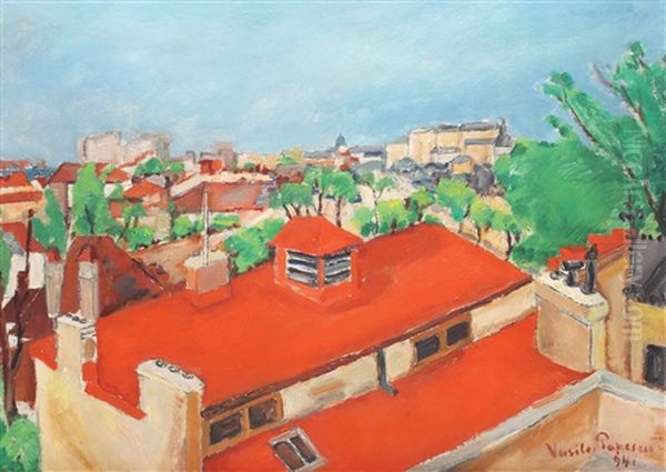 Roofs In Bucharest Oil Painting by Vasile Popescu