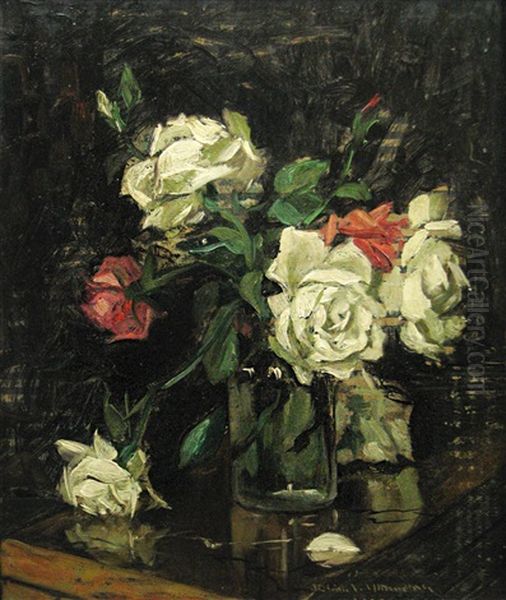 White And Red Roses Oil Painting by Stelian Popescu-Ghimpati