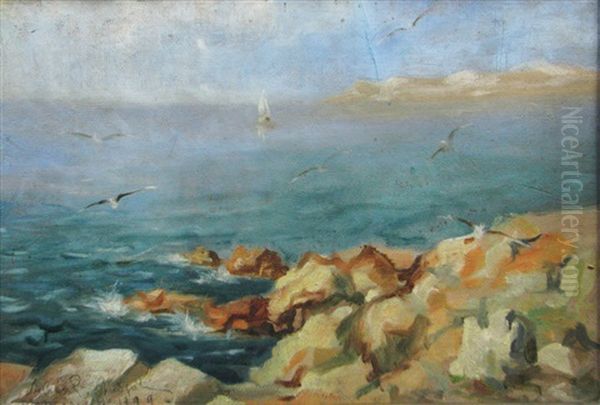 Rocky Shore Oil Painting by Stelian Popescu-Ghimpati