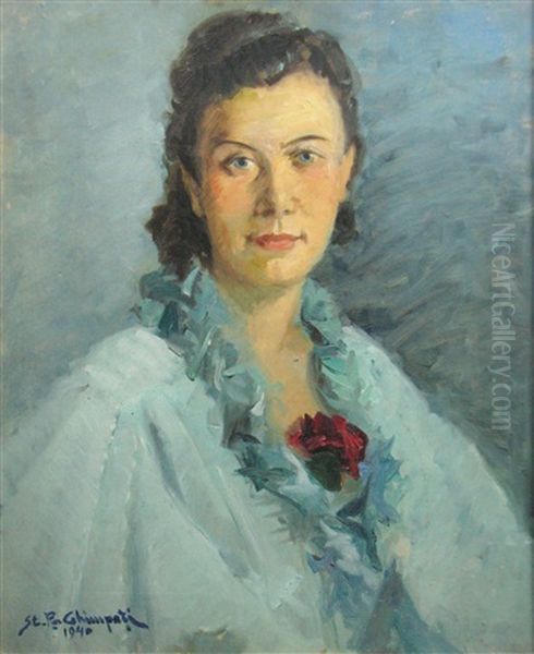 Woman With Carnation Oil Painting by Stelian Popescu-Ghimpati