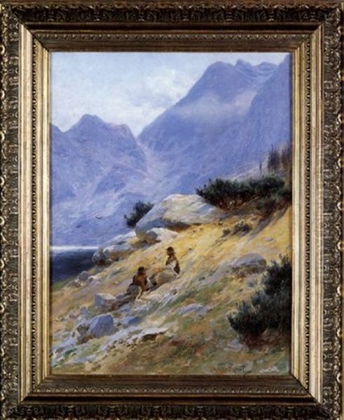 By The Mountain Lake Oil Painting by Tadesz Popiel