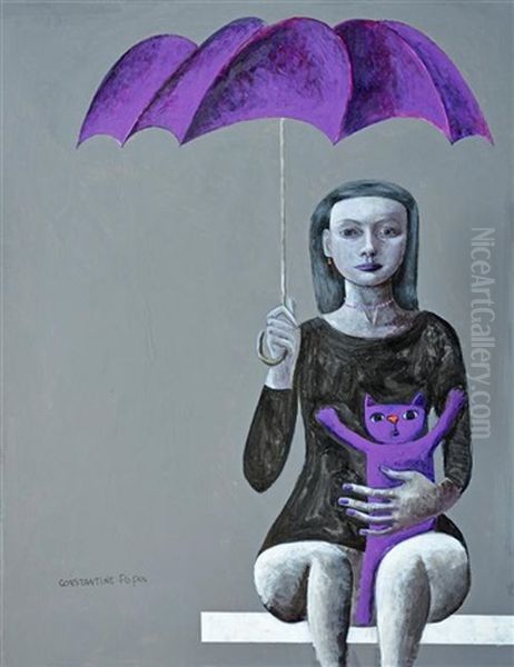 Girl With Purple Cat, Les Deux Femmes Nues Viii, Collection Of 30 Works Oil Painting by Konstantin Popov