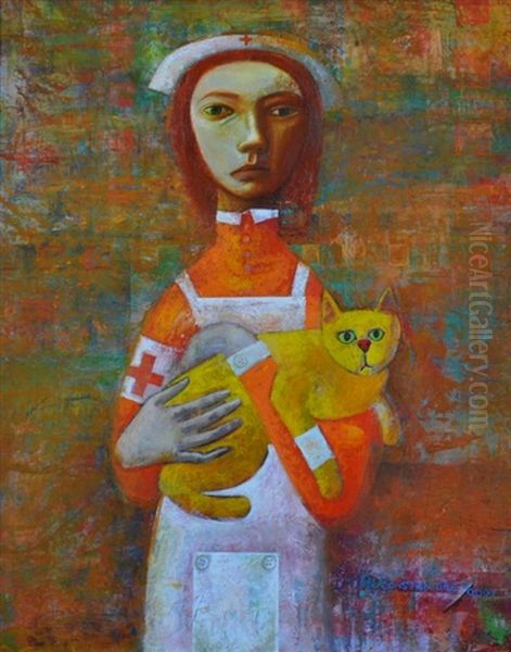 Nurse & Yellow Cat Oil Painting by Konstantin Popov