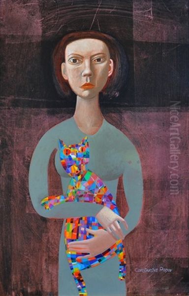 Woman With Multi Coloured Cat Oil Painting by Konstantin Popov