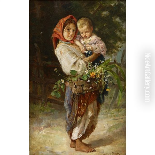 Peasant Girl With Child And Basket Oil Painting by Lukian Vasilievich Popov