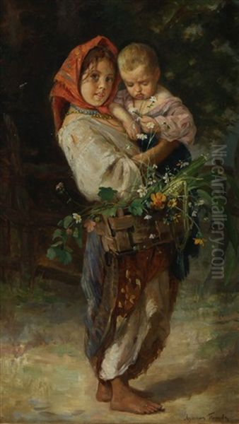 Peasant Children Oil Painting by Lukian Vasilievich Popov