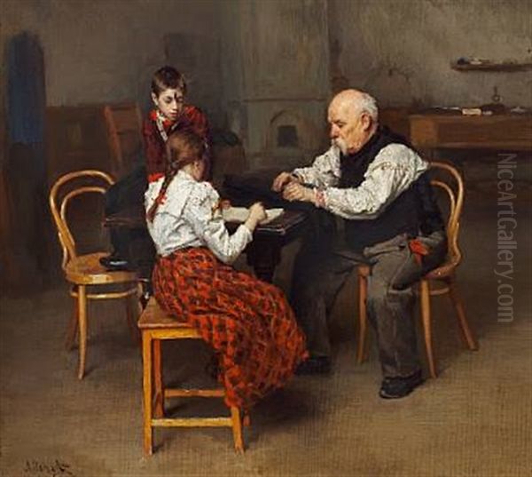 Grandfather Helping The Grandchildren With Their Homework Oil Painting by Lukian Vasilievich Popov