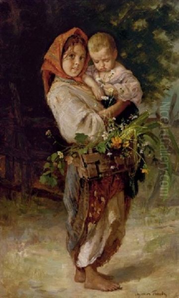 Peasant Girl With Child And Basket Oil Painting by Lukian Vasilievich Popov