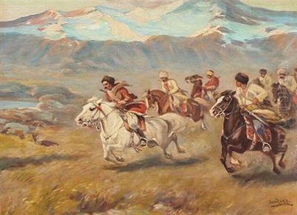 Mountain Landscape With Tcherkezian Horsemen Oil Painting by Jon Popp