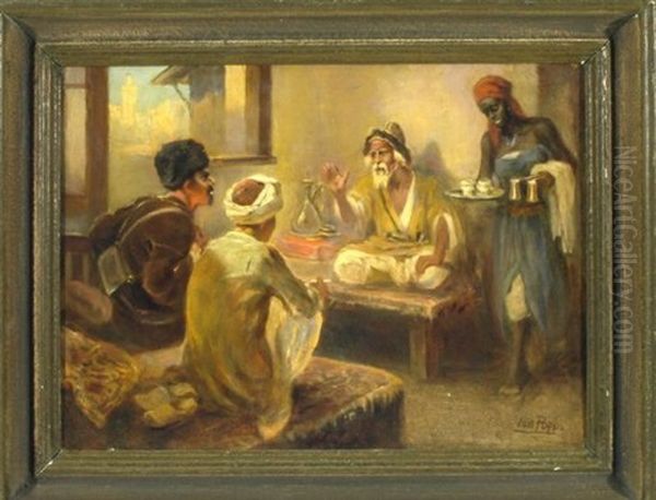 Drei Orientalische Manner In Der Stube Werden Von Einer Frau Bedient by Jon Popp