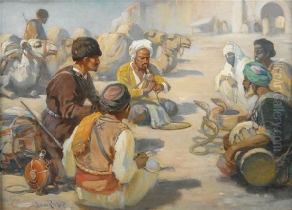 Orientalische Szene. Ein Schlangenbeschworer, Beduinen In Seinen Bann Ziehend by Jon Popp