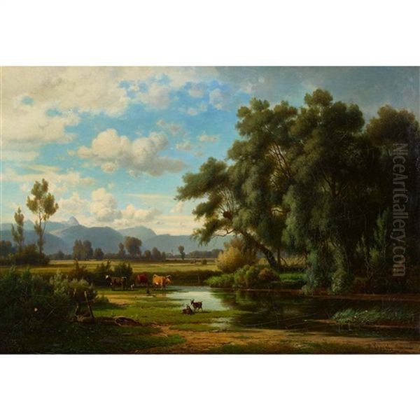 Idyllische Auenlandschaft Mit Vieh Bei Traunstein Oil Painting by Rudolf (Heinrich Albert) Poeppel