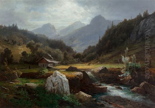 An Alpine Landscape With Cattle Grazing Oil Painting by Rudolf (Heinrich Albert) Poeppel