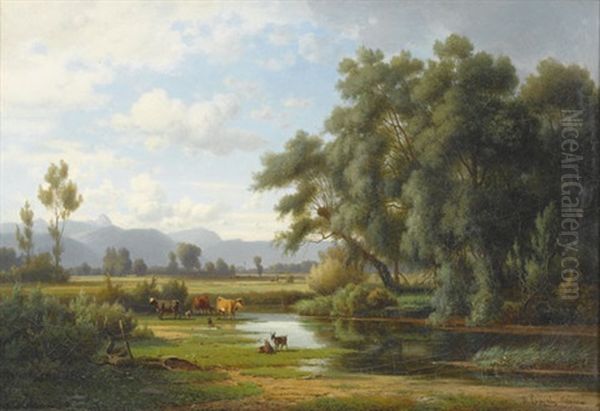 Idyllische Auenlandschaft Bei Traunstein Mit Vieh Oil Painting by Rudolf (Heinrich Albert) Poeppel