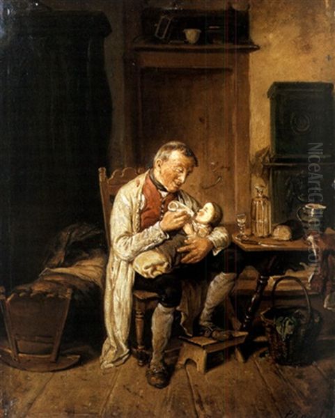 Opa Mit Baby Oil Painting by Rudolf (Heinrich Albert) Poeppel