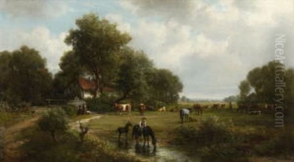 Landschaft Mit Hirten, Kuhen Und Pferden Auf Der Weide Bei Einem Bauernhaus Oil Painting by Rudolf (Heinrich Albert) Poeppel