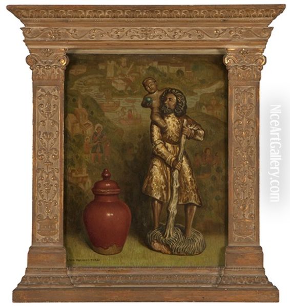 Saint Christopher, Ginger Pot And Statue Before A Tapestry Oil Painting by Stanilaus Poray