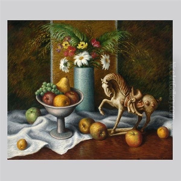 Still Life With T'ang Horse Oil Painting by Stanilaus Poray