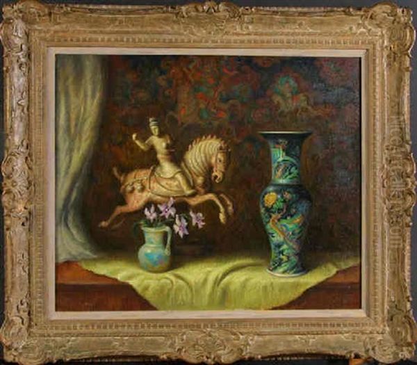 Still Life - Tang Horse And Chinese Ceramic Vase Oil Painting by Stanilaus Poray