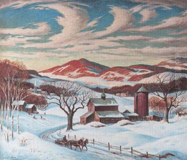 A Winter Landscape With A Horsedrawn Carriage, Vermont by Stanilaus Poray