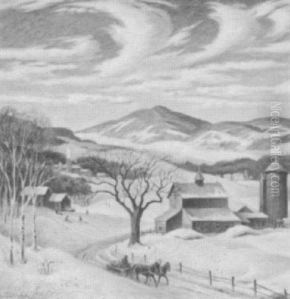 Vermont Village In Winter Oil Painting by Stanilaus Poray