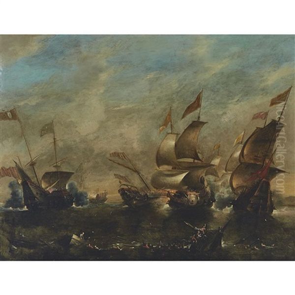 Seeschlacht (sea Battle Moving Ships Being Attacked On A Rough Sea) Oil Painting by Antonio Porcelli