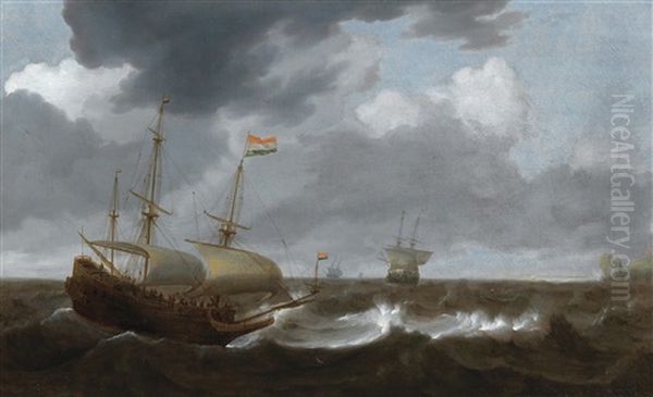 Ships On A Turbulent Sea Oil Painting by Jan Porcellis