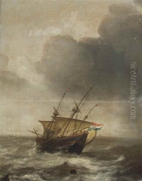 A Dutch Three Master In A Strong Breeze Oil Painting by Jan Porcellis