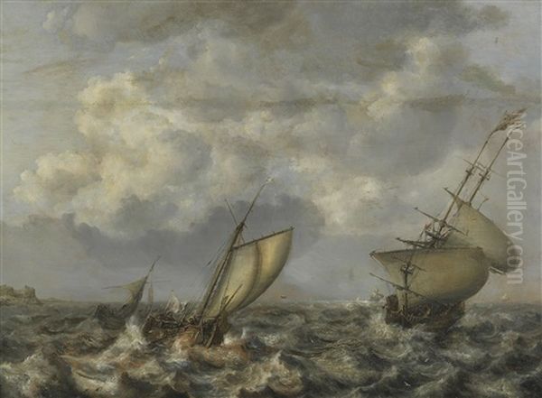 Segelschiffe Auf Sturmischer See Oil Painting by Jan Porcellis