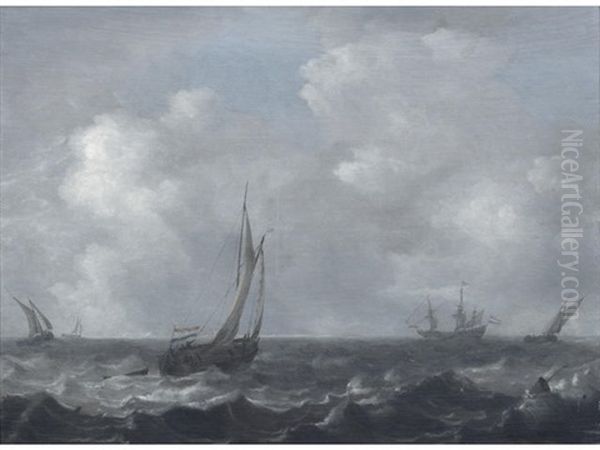 Shipping In A Stormy Sea Oil Painting by Jan Porcellis