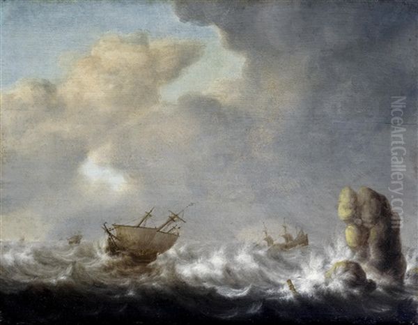 Shipping In A Stormy Sea Oil Painting by Jan Porcellis