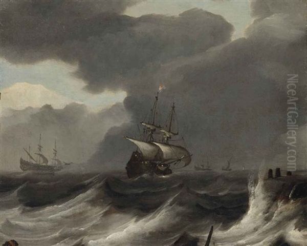 Shipping Off The Coast In A Gale Oil Painting by Jan Porcellis