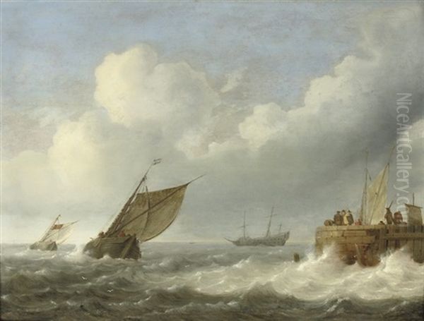 Sailing Vessels In Choppy Waters With Figures On A Quay Nearby Oil Painting by Jan Porcellis