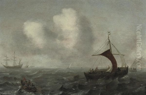 A Wijdschip, A Rowing Boat And Other Shipping In Rough Waters Oil Painting by Jan Porcellis