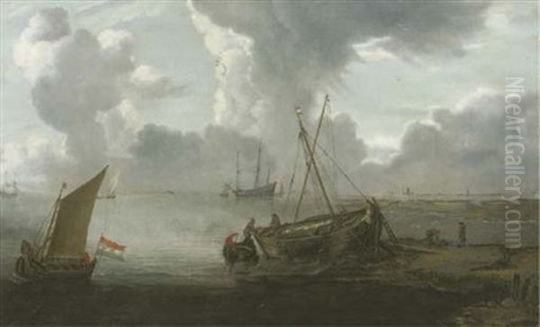 An Estuary With A Moored Fishing Smack And Fishermen In A Rowing Boat Nearby, A Three-master At Anchor Beyond Oil Painting by Jan Porcellis