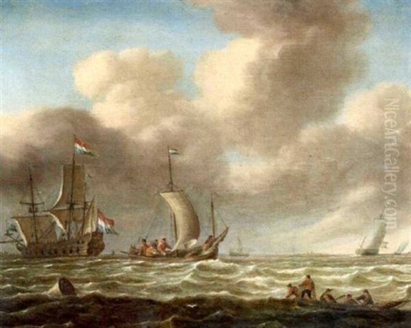 A Dutch Man O'war And Other Vessels In Choppy Waters by Jan Porcellis