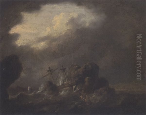 A Shipwreck In Stormy Seas Oil Painting by Jan Porcellis