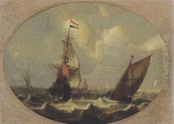 A Dutch Man-of-war And Other Ships In Choppy Waters Oil Painting by Jan Porcellis