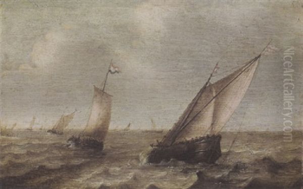 A Boeier And Other Sailing Vessels At Sea Oil Painting by Jan Porcellis