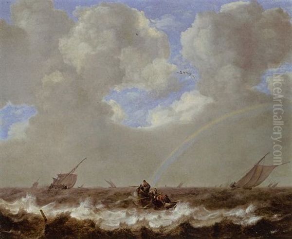 A Seascape With Fishermen In A Rowboat And Other Sailing Vessels In A Choppy Sea, A Rainbow On The Horizon Oil Painting by Jan Porcellis