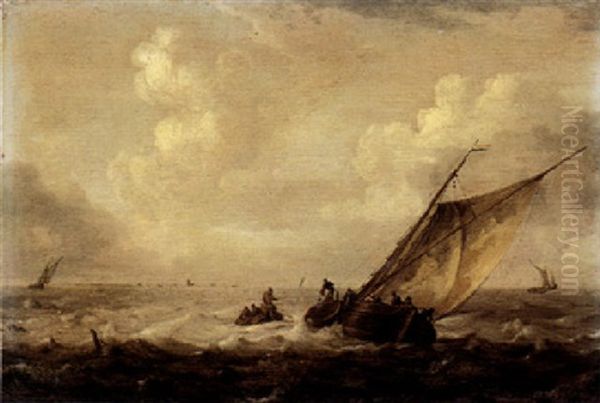 Figures In A Fishing Boat And A Smalschip On Choppy Seas Oil Painting by Jan Porcellis