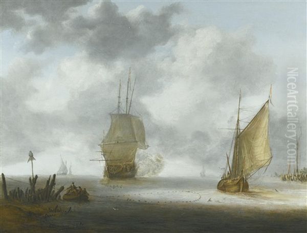 A Calm Sea With A Man Of War And A Fishing Boat Oil Painting by Julius Porcellis