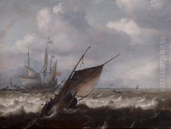 Navire Hollandais Saluant Par Mer Agitee Oil Painting by Julius Porcellis